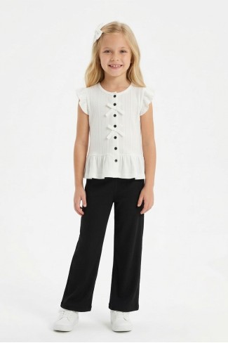 Kız Çocuk Kolsuz Fiyonk Detaylı Düğmeli Bluz Ve İspanyol Paça Pantolon Takım