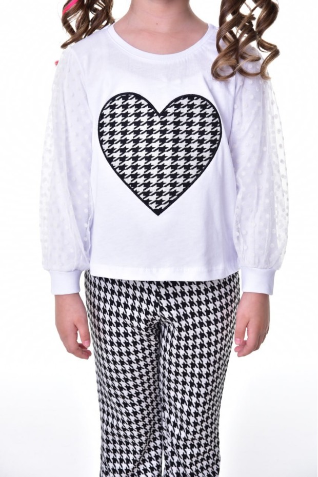 Kız Çocuk Süprem Jogger Kumaş Kalp Desenli Tül Detaylı Tişört Ve İspanyol Paça Pantolon Takımı