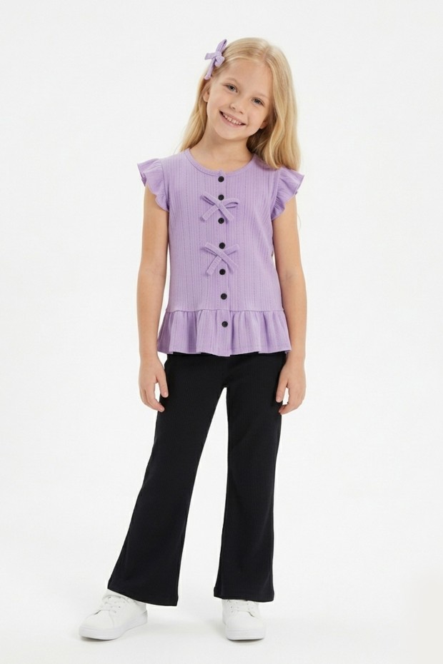 Kız Çocuk Kolsuz Fiyonk Detaylı Düğmeli Bluz Ve İspanyol Paça Pantolon Takım 