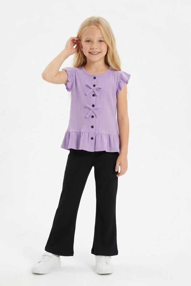 Kız Çocuk Kolsuz Fiyonk Detaylı Düğmeli Bluz Ve İspanyol Paça Pantolon Takım 