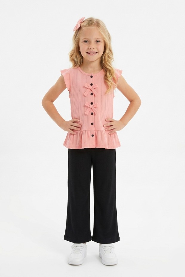 Kız Çocuk Kolsuz Fiyonk Detaylı Düğmeli Bluz Ve İspanyol Paça Pantolon Takım 