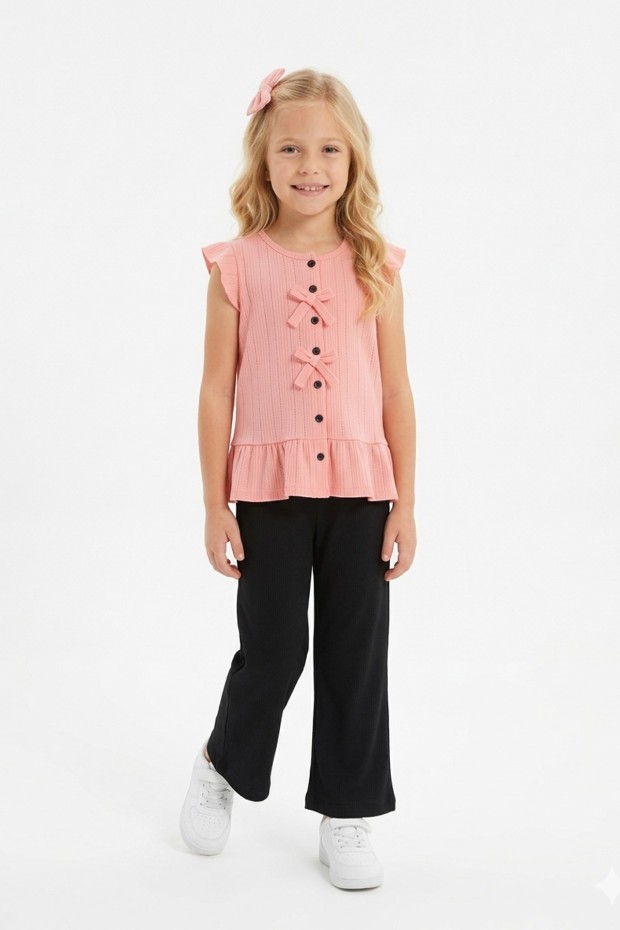 Kız Çocuk Kolsuz Fiyonk Detaylı Düğmeli Bluz Ve İspanyol Paça Pantolon Takım 