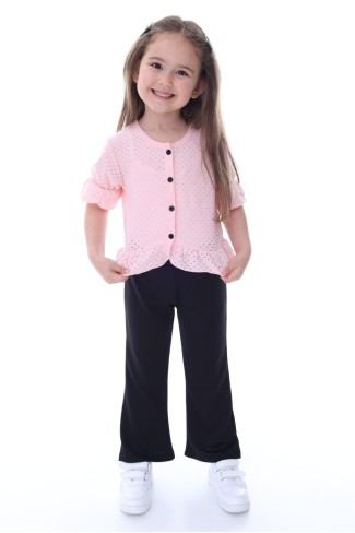 Kız Çocuk Delikli Düğmeli Kısa Kollu Bluz Ve İspanyol Paça Pantolon Takım 