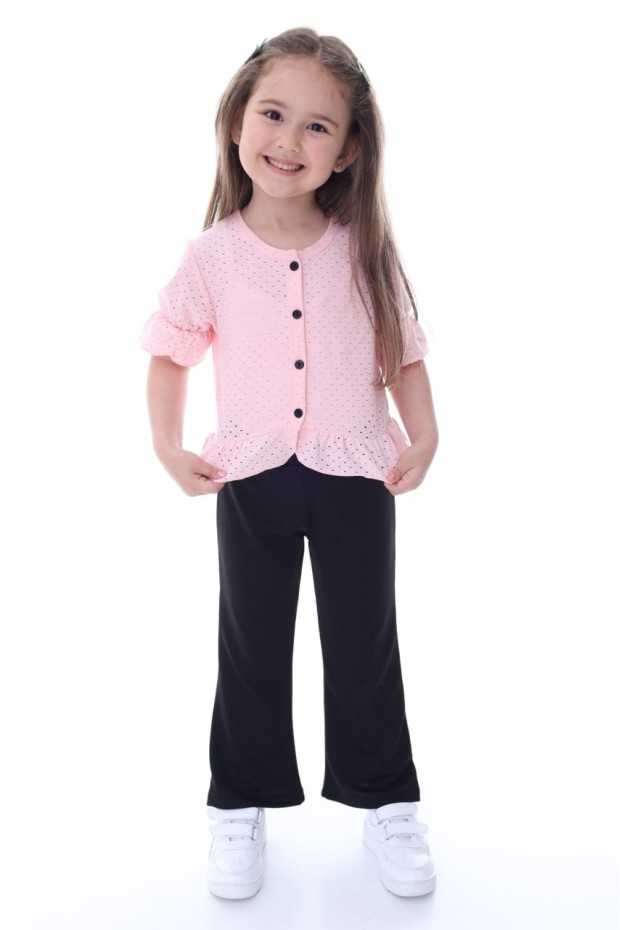 Kız Çocuk Delikli Düğmeli Kısa Kollu Bluz Ve İspanyol Paça Pantolon Takım 