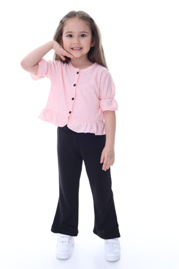 Kız Çocuk Delikli Düğmeli Kısa Kollu Bluz Ve İspanyol Paça Pantolon Takım 