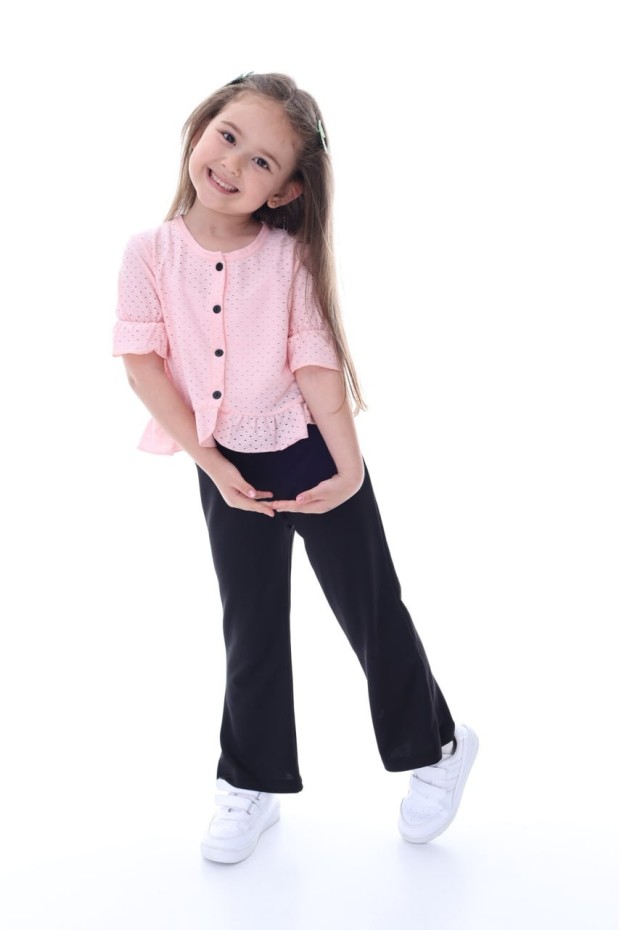 Kız Çocuk Delikli Düğmeli Kısa Kollu Bluz Ve İspanyol Paça Pantolon Takım 