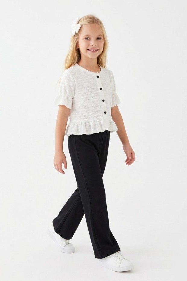 Kız Çocuk Delikli Düğmeli Kısa Kollu Bluz Ve İspanyol Paça Pantolon Takım