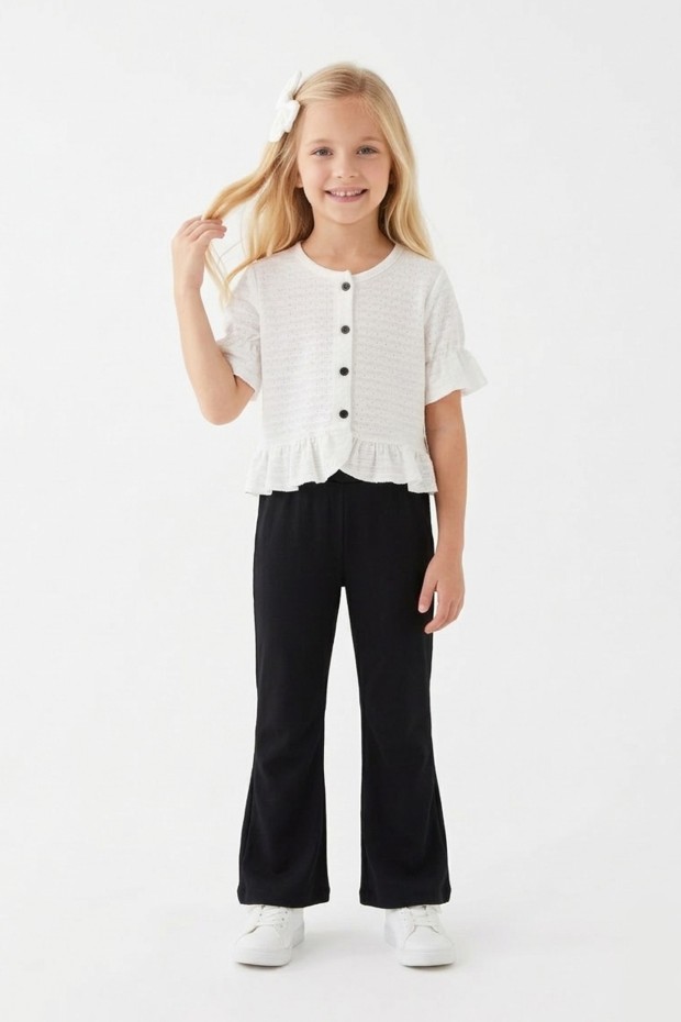 Kız Çocuk Delikli Düğmeli Kısa Kollu Bluz Ve İspanyol Paça Pantolon Takım