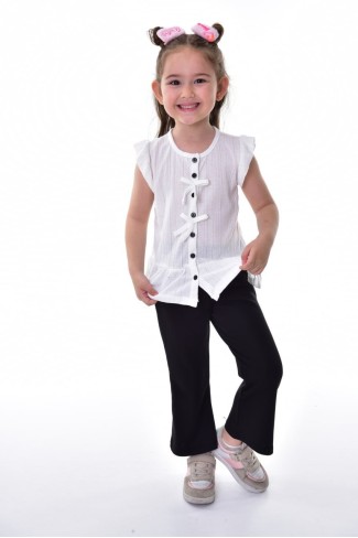 Kız Çocuk Kolsuz Fiyonk Detaylı Düğmeli Bluz Ve İspanyol Paça Pantolon Takım
