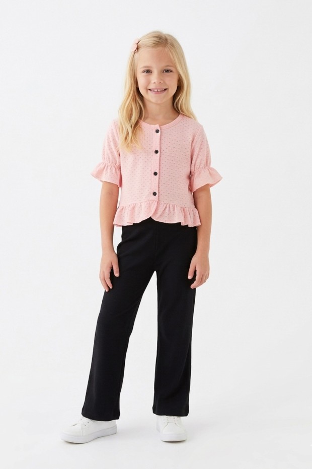 Kız Çocuk Delikli Düğmeli Kısa Kollu Bluz Ve İspanyol Paça Pantolon Takım 