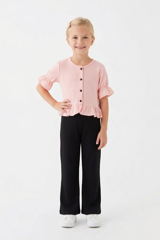 Kız Çocuk Delikli Düğmeli Kısa Kollu Bluz Ve İspanyol Paça Pantolon Takım 