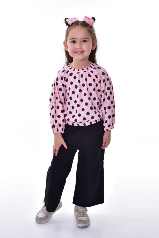 Kız Çocuk Puantiyeli Uzun Balon Kollu Bluz Ve Geniş Paça Pantolon İkili Takım 