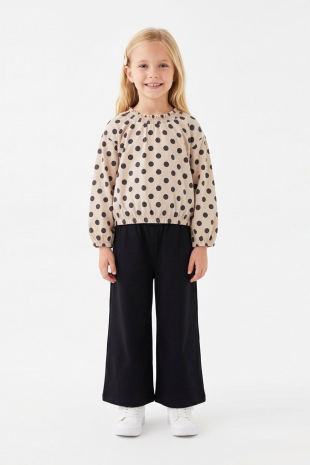 Kız Çocuk Puantiyeli Uzun Balon Kollu Bluz Ve Geniş Paça Pantolon İkili Takım