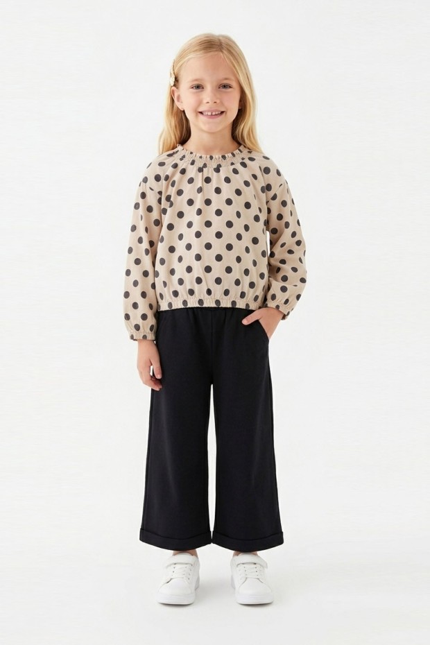 Kız Çocuk Puantiyeli Uzun Balon Kollu Bluz Ve Geniş Paça Pantolon İkili Takım