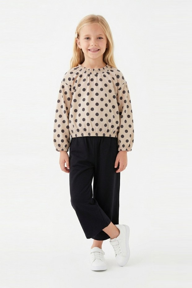 Kız Çocuk Puantiyeli Uzun Balon Kollu Bluz Ve Geniş Paça Pantolon İkili Takım