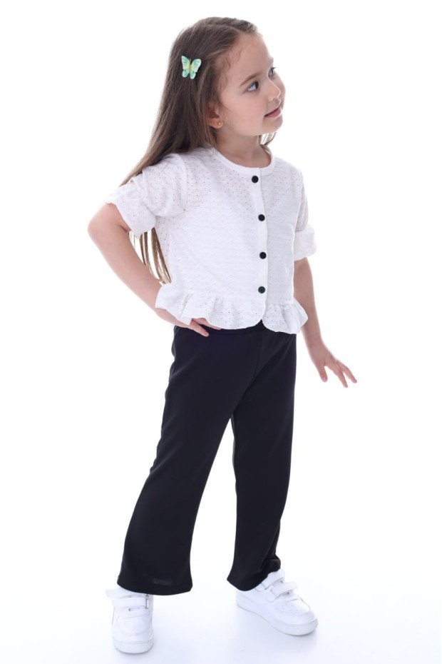 Kız Çocuk Delikli Düğmeli Kısa Kollu Bluz Ve İspanyol Paça Pantolon Takım