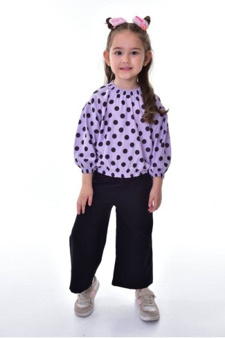 Kız Çocuk Puantiyeli Uzun Balon Kollu Bluz Ve Geniş Paça Pantolon İkili Takım 