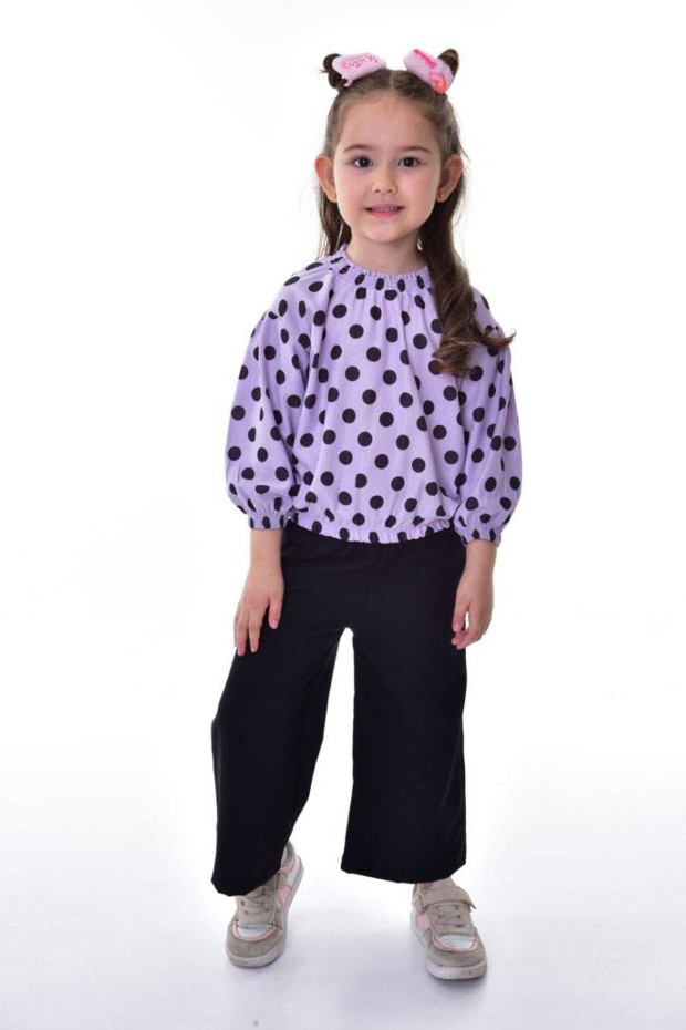 Kız Çocuk Puantiyeli Uzun Balon Kollu Bluz Ve Geniş Paça Pantolon İkili Takım 