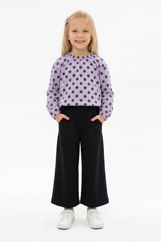 Kız Çocuk Puantiyeli Uzun Balon Kollu Bluz Ve Geniş Paça Pantolon İkili Takım 