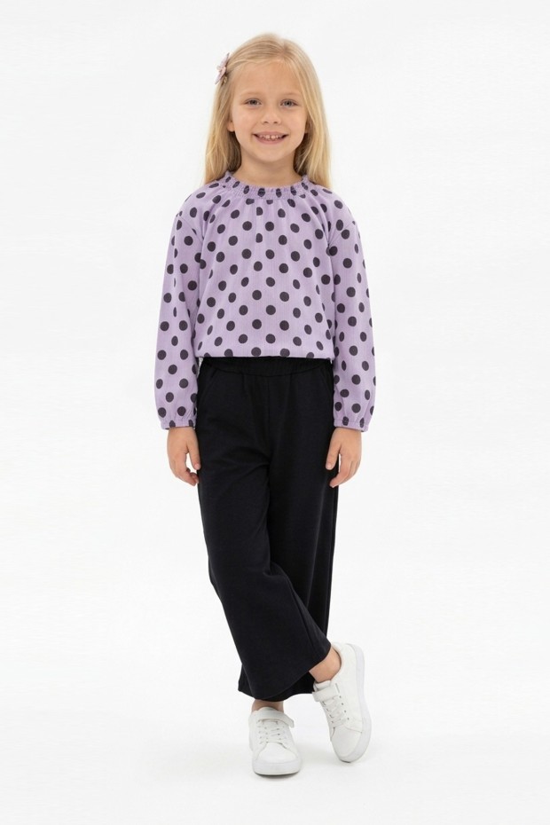 Kız Çocuk Puantiyeli Uzun Balon Kollu Bluz Ve Geniş Paça Pantolon İkili Takım 