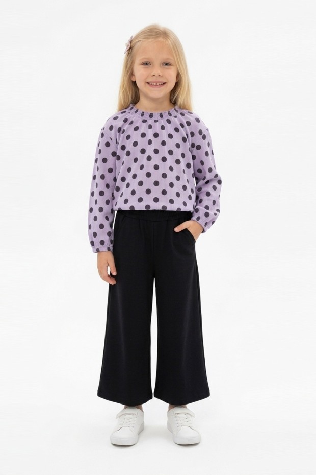 Kız Çocuk Puantiyeli Uzun Balon Kollu Bluz Ve Geniş Paça Pantolon İkili Takım 