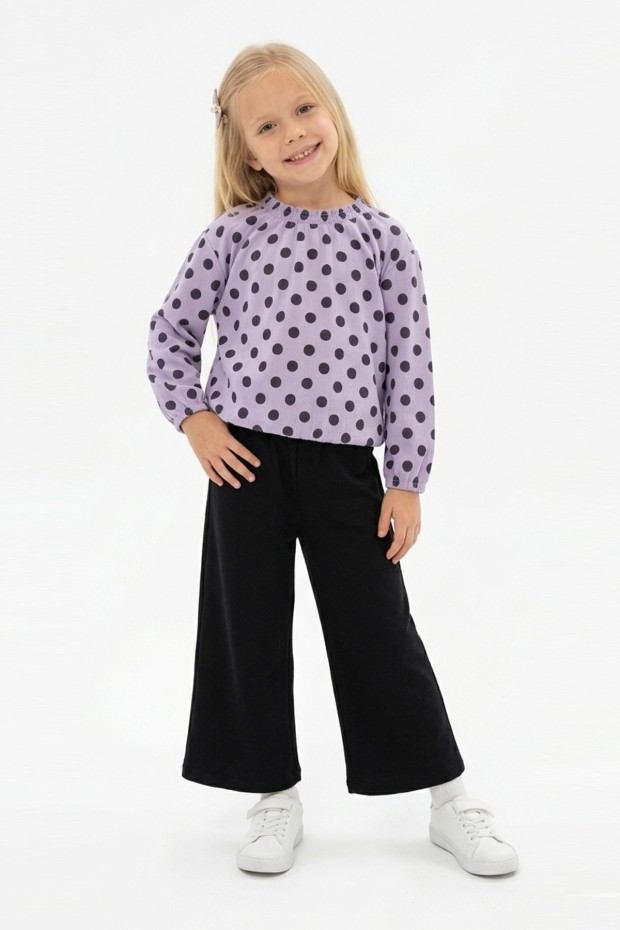 Kız Çocuk Puantiyeli Uzun Balon Kollu Bluz Ve Geniş Paça Pantolon İkili Takım 