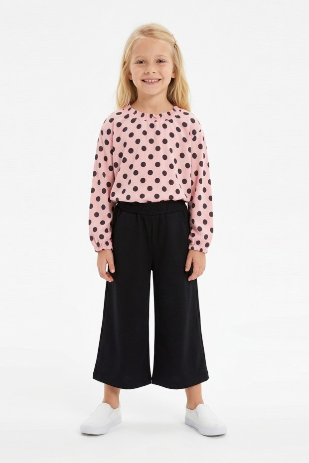 Kız Çocuk Puantiyeli Uzun Balon Kollu Bluz Ve Geniş Paça Pantolon İkili Takım 