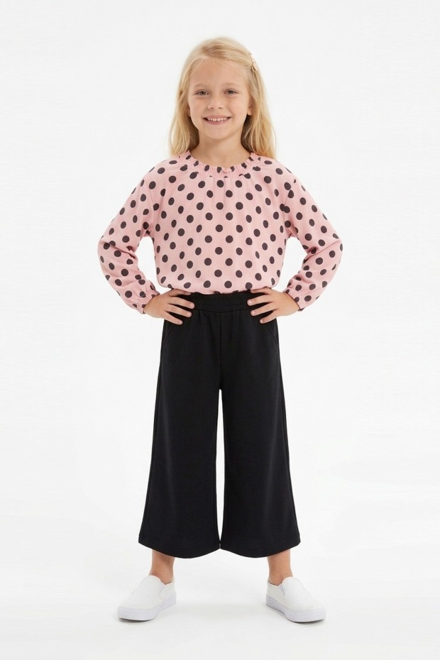 Kız Çocuk Puantiyeli Uzun Balon Kollu Bluz Ve Geniş Paça Pantolon İkili Takım 