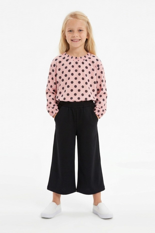 Kız Çocuk Puantiyeli Uzun Balon Kollu Bluz Ve Geniş Paça Pantolon İkili Takım 