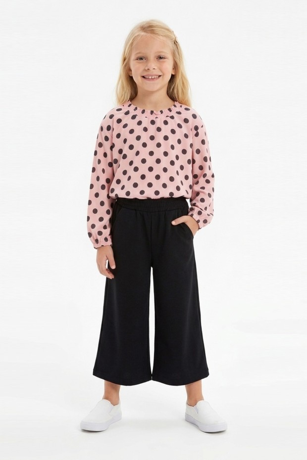 Kız Çocuk Puantiyeli Uzun Balon Kollu Bluz Ve Geniş Paça Pantolon İkili Takım 