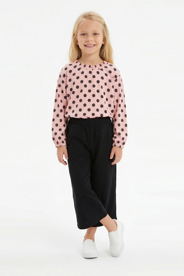 Kız Çocuk Puantiyeli Uzun Balon Kollu Bluz Ve Geniş Paça Pantolon İkili Takım 