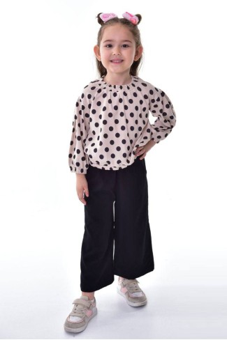 Kız Çocuk Puantiyeli Uzun Balon Kollu Bluz Ve Geniş Paça Pantolon İkili Takım