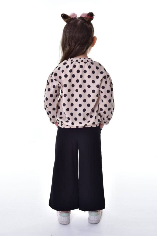 Kız Çocuk Puantiyeli Uzun Balon Kollu Bluz Ve Geniş Paça Pantolon İkili Takım