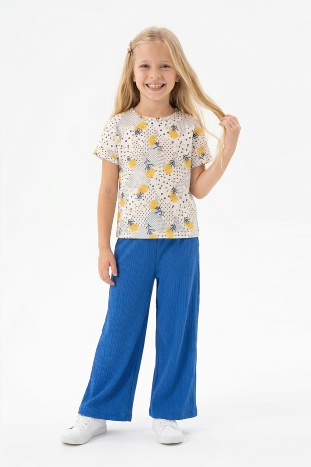 Kız Çocuk Puantiyeli Çiçek Desenli Kısa Kollu Bluz Fitilli Pantolon İkili Takım 