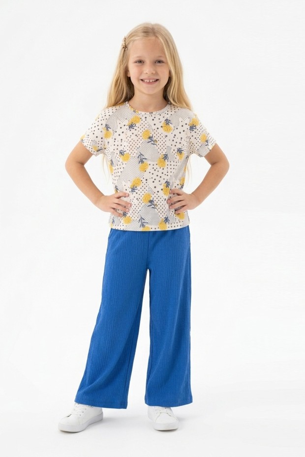 Kız Çocuk Puantiyeli Çiçek Desenli Kısa Kollu Bluz Fitilli Pantolon İkili Takım 