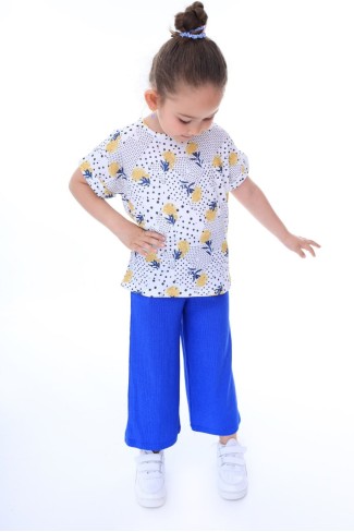 Kız Çocuk Puantiyeli Çiçek Desenli Kısa Kollu Bluz Fitilli Pantolon İkili Takım 