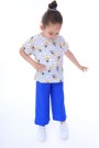 Kız Çocuk Puantiyeli Çiçek Desenli Kısa Kollu Bluz Fitilli Pantolon İkili Takım 