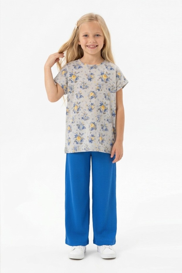 Kız Çocuk Puantiyeli Çiçek Desenli Kısa Kollu Bluz Fitilli Pantolon İkili Takım