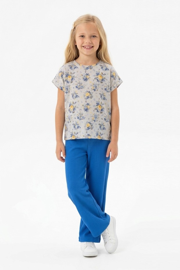 Kız Çocuk Puantiyeli Çiçek Desenli Kısa Kollu Bluz Fitilli Pantolon İkili Takım