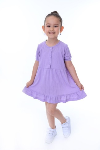 Kız Çocuk Kısa Kollu Düğme Detaylı Ve Etek Ucu Fırfırlı Pamuklu Yazlık Elbise 