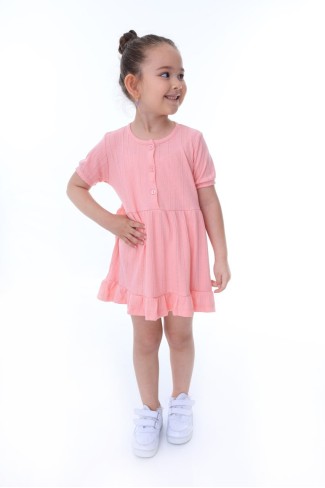 Kız Çocuk Kısa Kollu Düğme Detaylı Ve Etek Ucu Fırfırlı Pamuklu Yazlık Elbise 