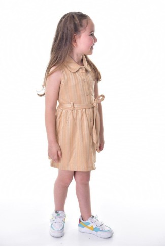 Kız Çocuk Çizgili Kolsuz Bebek Yaka Önden Düğmeli Ve Belden Bağlamalı Pamuklu Yazlık Elbise