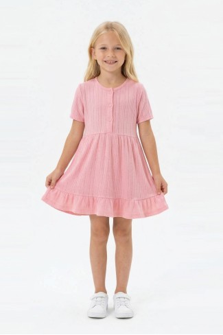 Kız Çocuk Kısa Kollu Düğme Detaylı Ve Etek Ucu Fırfırlı Pamuklu Yazlık Elbise 