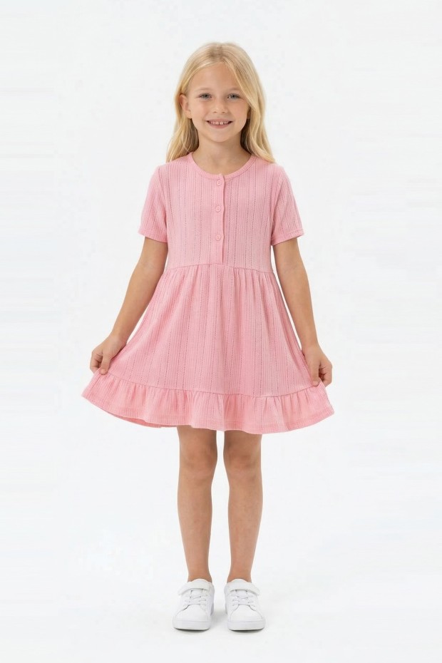 Kız Çocuk Kısa Kollu Düğme Detaylı Ve Etek Ucu Fırfırlı Pamuklu Yazlık Elbise 