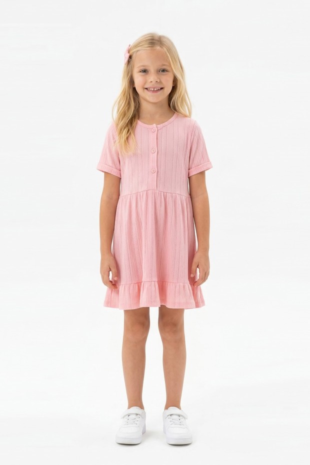Kız Çocuk Kısa Kollu Düğme Detaylı Ve Etek Ucu Fırfırlı Pamuklu Yazlık Elbise 