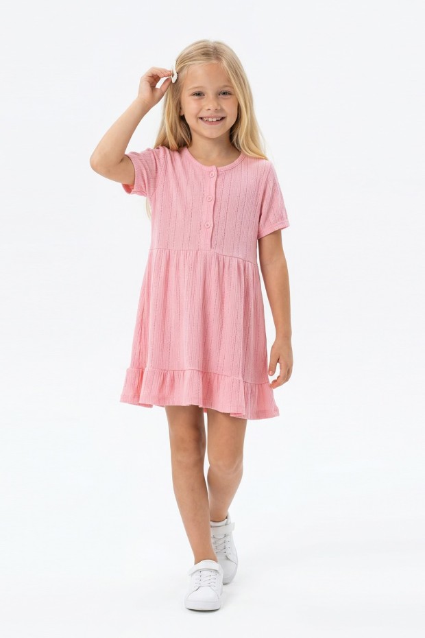 Kız Çocuk Kısa Kollu Düğme Detaylı Ve Etek Ucu Fırfırlı Pamuklu Yazlık Elbise 