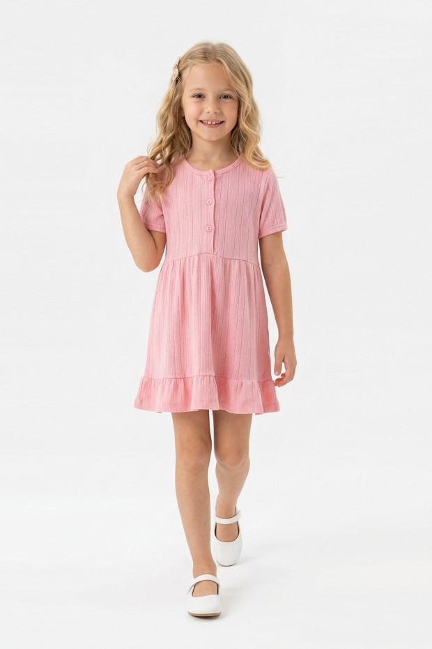 Kız Çocuk Kısa Kollu Düğme Detaylı Ve Etek Ucu Fırfırlı Pamuklu Yazlık Elbise 