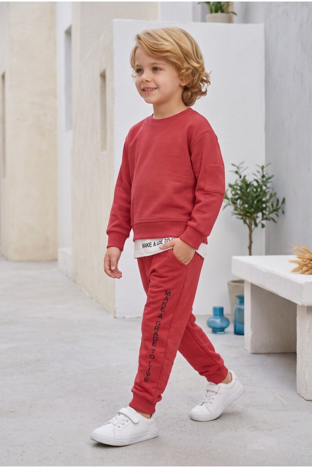Erkek Çocuk Kaşkorse Kumaş Etek Çıkmalı Sweat Alt  Cepli Takım