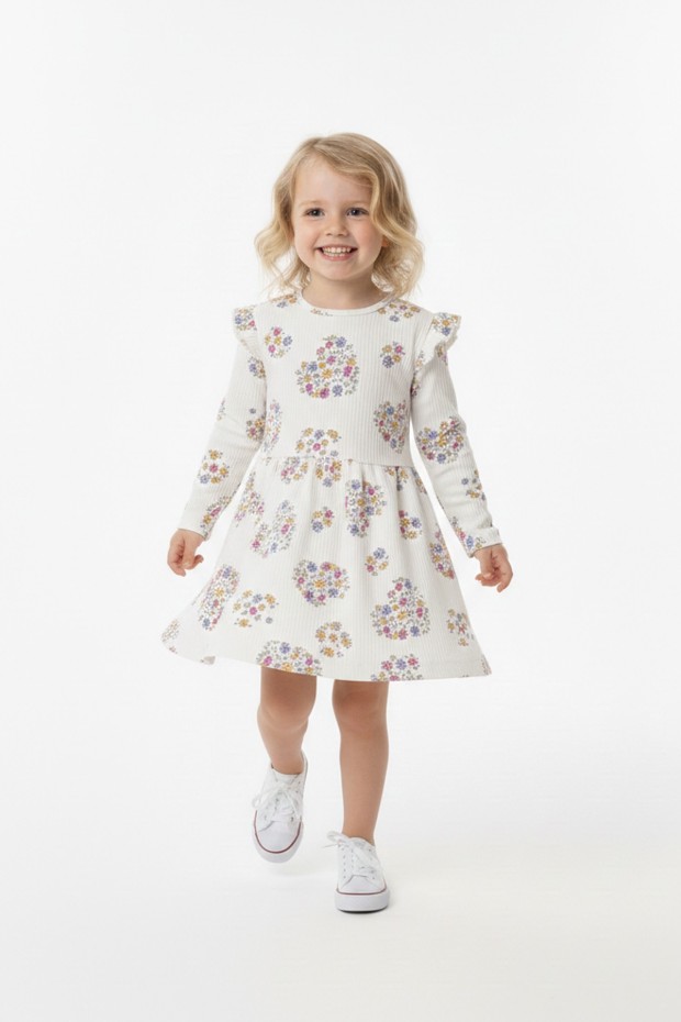 Kız Çocuk Çiçek ve Kalp Desenli Fırfır Detaylı Uzun Kollu Fitilli Elbise