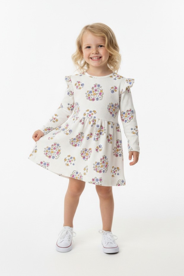 Kız Çocuk Çiçek ve Kalp Desenli Fırfır Detaylı Uzun Kollu Fitilli Elbise